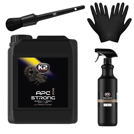 Zestaw: K2 APC PRO STRONG mocny środek czyszczący 5L + butelka, pędzelek i rękawiczki